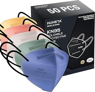 HUHETA 50 Packs KN95 Face Mask 5-Ply Breathable & Comfortable Filter Safety Mask (50PCS-MTC I Color)