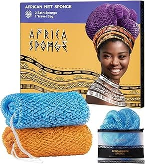 African Net Sponge Authentic - 2 Pieces Exfoliating Body Scrubber Bath Sponge Babyblue&Orange - Back Scrubber Washcloth for Shower - Real African Scrub Exfoliator Body Care Bathing Accessories