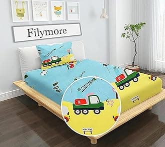 Filymore Car Single Bed Sheet for Kids Cute car Toys bedsheet for Boys Room Cartoon bedsheet for Kids Made with Microfiber 1 bedsheet with Pillow Covers (Size 90x60 Inch)(Colour-Lemon and Sky Blue)