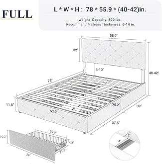 Allewie Upholstered Full Size Platform Bed Frame with 4 Storage Drawers and Headboard, Diamond Stitched Button Tufted Mattress Foundation with Wooden Slats Support, No Box Spring Needed, Light Grey