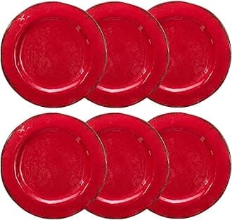 LEHAHA Red Melamine Plates Set, 9 inch Vintage Rustic 6 piece Salad/Dessert Plates Set, Unbreakable Dishes Set Great for Everyday Use and Dining Party, Ideal for Salad,Dessert,Fruit and Cakes