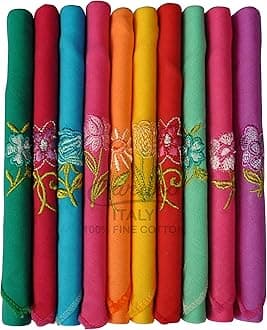 Caruso Italy Women's 100% Pure Cotton Handkerchief | Soft, Absorbent, Skin-Friendly Hankies | No Starch, Azo-Free Dyes - Ideal for Daily Use and Elegant Gifting | Pack of 10
