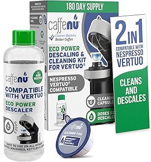 Caffenu Descaling Kit Compatible with Nespresso Vertuo, 2 Uses Descaling Solution and 6 Cleaner Pods. Removes Limescale & Cleans Pod Area. Better Tasting & Hotter Coffee. 4 Months Supply.