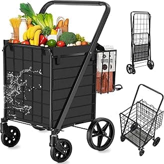 Spurgehom Grocery Cart on Wheels Folding Shopping Carts for Groceries 140L Jumbo with Removable Liner and Double Basket, 360° Rolling Laundry Cart Lightweight Trolley for Seniors 400 LBS Capacity