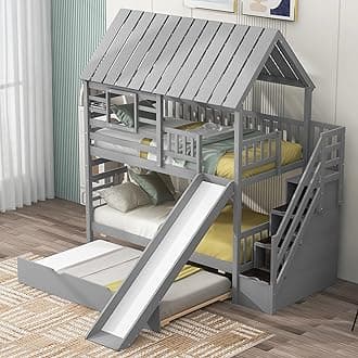 House Bunk Bed with Slide for Kids Boys Girls, Wood Twin Over Twin Bunk Bed with Trundle and Storage Stairs, No Box Spring Required, Space Saving, Gray