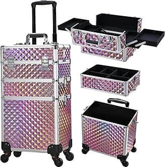 3 in 1 Rolling Makeup Train Case Professional Cosmetic Trolley Large Storage for Beauticians, Hairstylists, Nail Tech Students with Swivel Wheels Salon Barber Case Traveling Cart Trunk, Pink