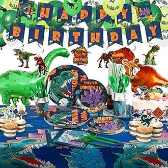Dinosaur Birthday Party Supplies Kit For Boys, Dinosaur Party Decorations-20 Guest-Include Dino Plates Cups Napkins Banner Cutlery Balloon Tablecloth Straws Toppers