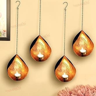 TIED RIBBONS Wall Hanging Tea Light Candle Holders | Iron, Golden | 18 Inch, Set of 4 | Votive Sconce Candle Holder for Home, Living Room, Wedding Decor, Pongal Decorations, Valentines Decorations