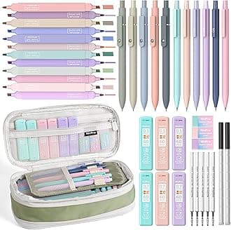 39 PCS Aesthetic School Supplies with Cute Pencil Case, 12 Color Pastel Highlighters, 5 Quick Dry Retractable Black Ink Pens, 6 Pastel Mechanical Pencil 0.5 & 0.7 mm for Student Stationary