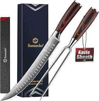 Sunnecko Butcher Knife,Razor Sharp Breaking Knife for Meat Cutting,High Carbon German Steel Carving Knives with Meat Fork