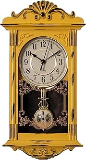 Clockswise Vintage Grandfather-Style Wall Clock with Wood-Effect Plastic Pendulum Battery-Operated for Home Decor Living Room Home Office Kitchen or Dining Room (Yellow, 16 Inch)