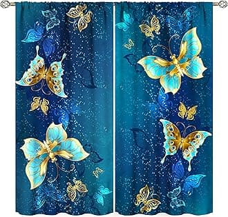 Butterfly Curtain for Girls Bedroom Decor,Blue Irises Yellow Daisies Floral Background Print Window Drapes for Kids Living Room Kitchen Decor Blackout Draperies for Bedroom Window 42x54in