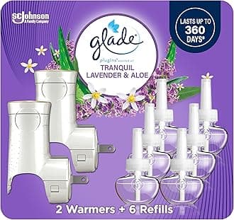Glade PlugIns Refills Air Freshener Starter Kit, Scented and Essential Oils for Home and Bathroom, Tranquil Lavender & Aloe, 4.02 Fl Oz, 2 Warmers + 6 Refills