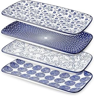 Selamica Ceramic Rectangular Salad Plates Set, Dinner Plate 9.4 Inch Dessert Plates for Party Entertaining, Small Serving Plates for Appetizers, Sushi, Fruit, Set of 4, Gift, Vintage Blue
