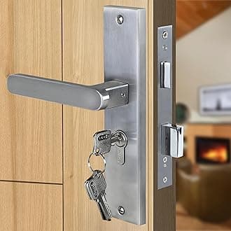 Blue Space Premium 8" Cylindrical Plate Mortise Door Lock Handle Set with Brass Lock Body and One Side Key 60mm Cylinder Set with 3 Brass Computer Keys (LB304, Matt Satin)