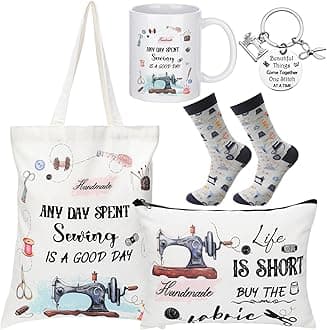 Abbylike 5 Pcs Sewing Gifts for Seamstress Women Gifts Canvas Bag Cosmetic Bag Quilting Coffee Mug Socks 11 oz Cup Quilter Keychain Funny Presents for Mom Quilters Sewing Lovers(White,Classic)