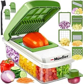 Mueller Vegetable Chopper 9 Blade, Mandoline Slicer, Food Veggie Chopper, Cheese Grater, Onion Vegetable Cutter with Container, Dicer, Kitchen Gadgets & Essentials, White Sand/Green