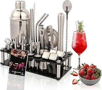 Mixology Bartender Kit, 26-Piece Cocktail Shaker Set Stainless Steel Drink Shaker Bar Set with Acrylic Stand & Cocktail Recipes Booklet, Perfect Cocktail Set for Drink Mixing, Home, Bar and Parties