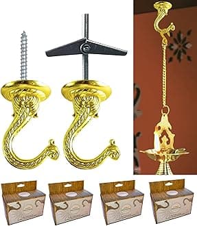 Indian Discovery® Antique Decorative Swag Ceiling Hooks for Hanging Plants, Metal Wall/Ceiling Brackets for Hanging Planters, Lanterns, Windchimes, Bird Feeders, Hang Pots (Royal Brass: Set of 8)
