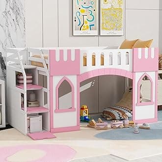 Harper & Bright Designs Twin Low Loft Bed with Staircase, Wood Princess Girls Bed Frame with Storage for Boys, Girls, Gray,Pink
