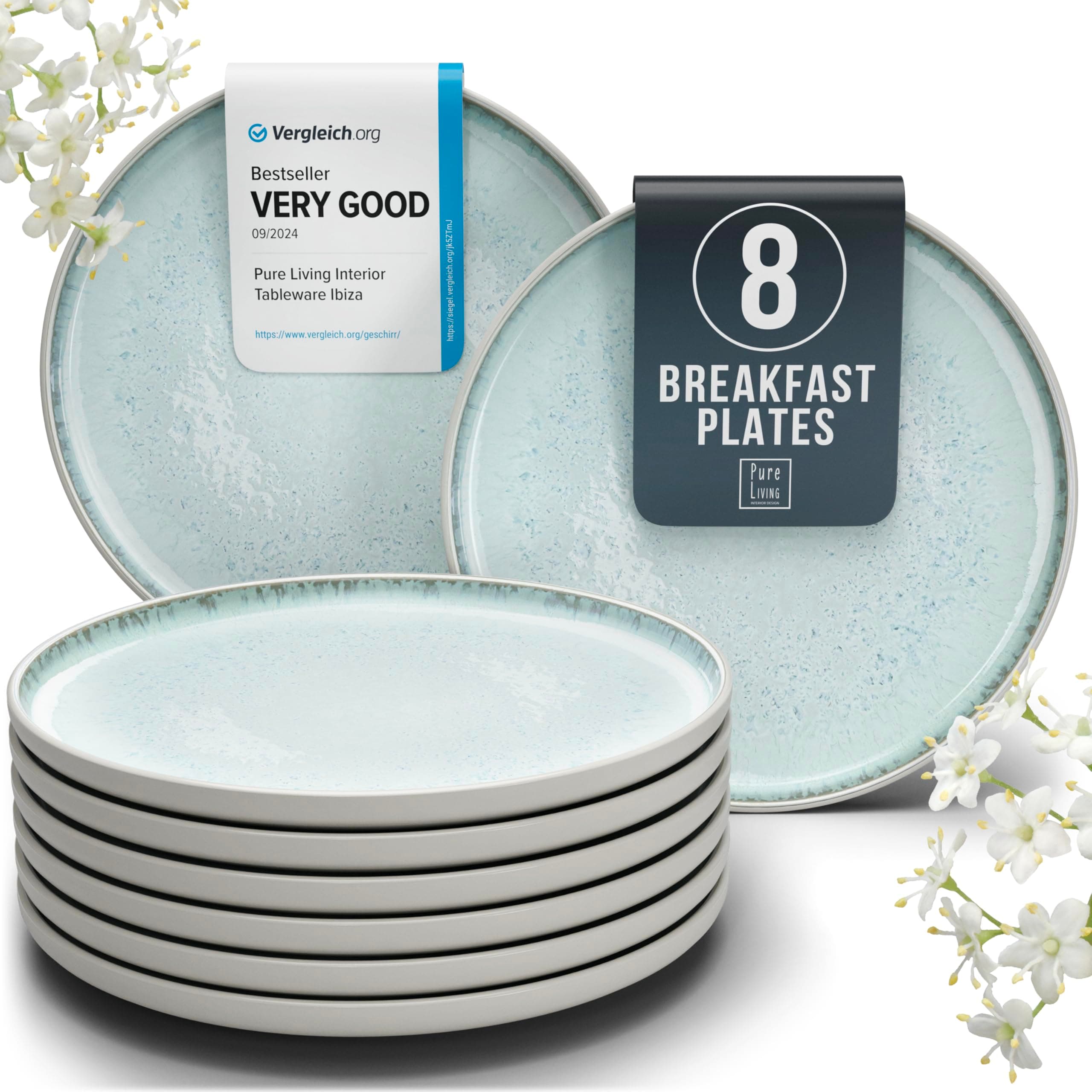 Stoneware small dinner plates set 8 pcs – 7.5" light beige & blue ceramic salad & dessert plates – Dishwasher and microwave safe – Stylish plates set – Dinner service Pure Living Interior Design