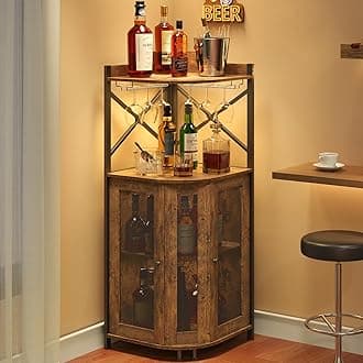JKsmart Corner Bar Cabinet with Glass Holder,Industrial Wine Cabinet with Mesh Door,4-Tier Wine Cabinet with Open Shelf,Farmhouse Home Bar for Liquor and Wine Storage,Rustic Brown