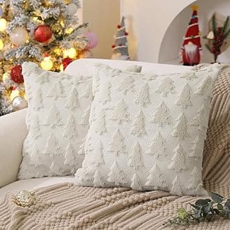 DFXSZ Christmas Tree Pillow Covers 18x18 inch Set of 2 Christmas Decoration Cream White Soft Plush Faux Fur Jacquard Throw Pillows for Bedroom Sofa Holiday Festivals Winter Home Decor PTK006E18