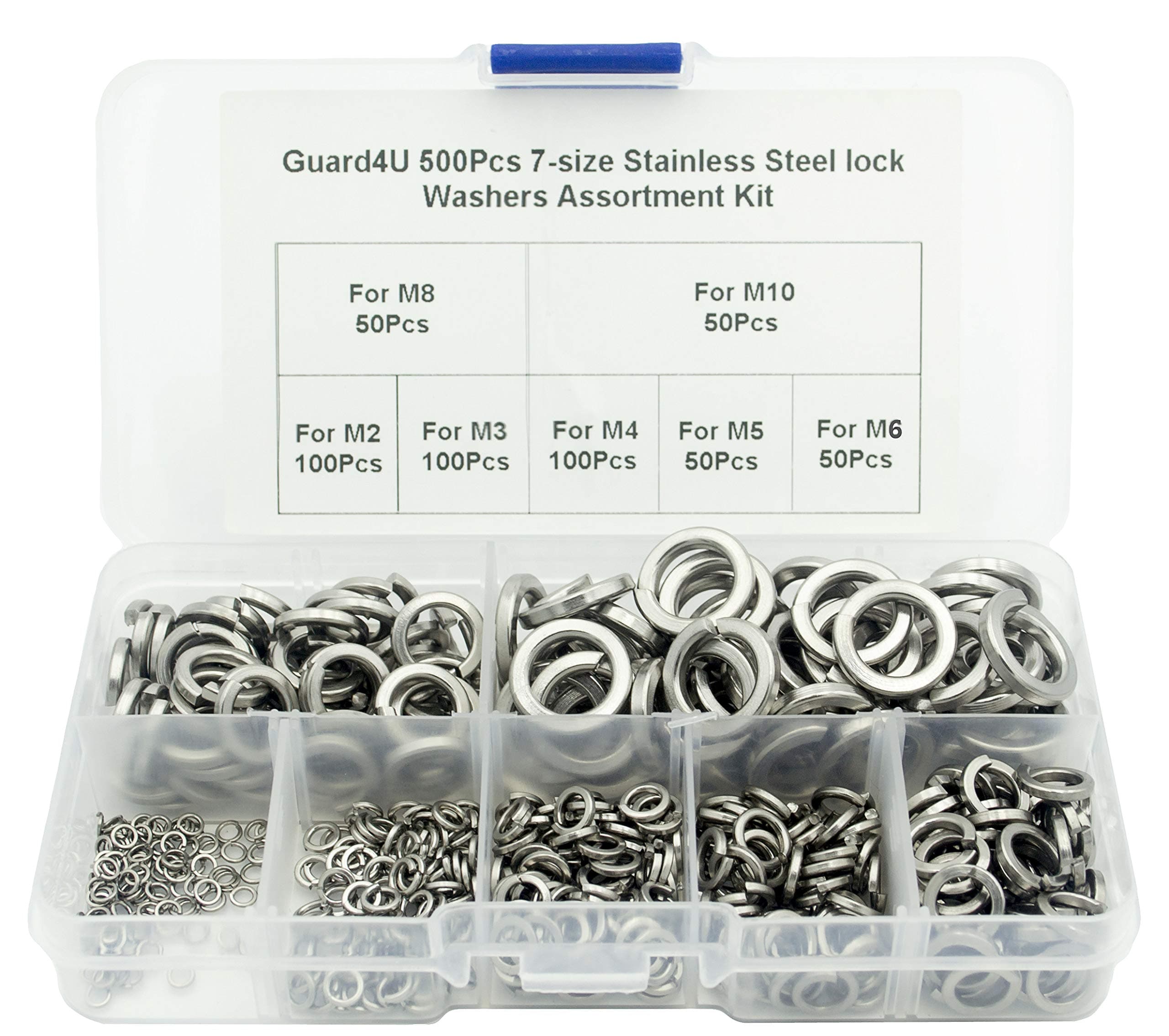 500Pcs 7-Size Stainless Steel Split Lock Washers Assortment Kit, for M2 M3 M4 M5 M6 M8 M10 Screws Bolt