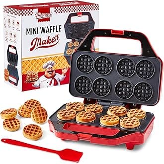 Mini Waffle Maker for Kids, Small Non-Stick Waffle Iron, Makes 8 x 2" Thin Waffles, Easy to Use, Waflera Electrica, Recipes Included
