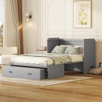 KTATKFull Size Murphy Bed with USB Port and a Large Drawer,Muti-Functional Solid Wood Wall Bed Frame,Convert Into Storage Cabinet,for Guest Rooms,Small Spaces Apartments,Gray