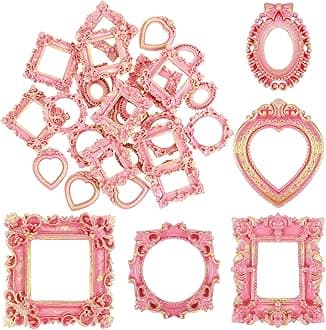 Vicenpal 25 Pcs Vintage Mini Picture Frames Baroque Antique Small Resin Jewelry Display Table Frame for Christmas DIY Photo Holiday Party Decoration (Pink Gold)