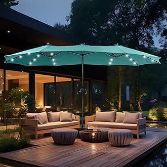 MFSTUDIO 15ft Double Sided Patio Umbrella with Solar Lights, Outdoor Large Umbrellas with Crank Handle and 36 LED Lights, Rectangular Market Umbrella with Base Included for Deck Pool Shade, Turquoise
