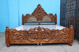 Hand-Carved Solid Teak Wood King Size Bed Royal Victorian Designer Wooden Bed with Heavy Floral Carving High Headboard & Footboard Luxury Bedroom Furniture