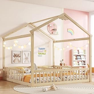 Twin House Bed for 2 Kids,Wooden Double Floor Bed Frame with Rails and Roof,Montessori Floor Bed,Two Shared Beds for Girls or Boys,Natural