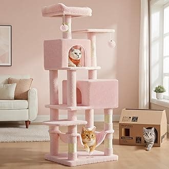 Feandrea Cat Tree, 61-Inch Cat Tower for Indoor Cats, Plush Multi-Level Cat Condo with 5 Scratching Posts, 2 Perches, 2 Caves, Hammock, 2 Pompoms, Jelly Pink UPCT192P01
