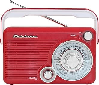 Studebaker SB2002RB Portable AM/FM Radio with Headphone Jack and Aux-in Jack with AC/DC Power (Red/White)