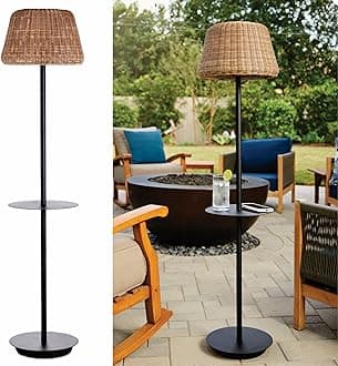 B&R Lighting Solar Outdoor Floor Lamp with Table - Cordless Outdoor Floor Lamp - Patio, Porch, Garden - Rattan Wicker Lights for Outside - Waterproof, Rechargeable, Weatherproof