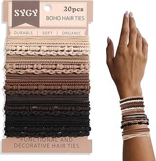 20 PCS Boho Hair Ties Bracelets, No-Damage Hair Elastics for Thick/Thin Hair, 4 Styles 2.36" Braided Ponytail Holders with Gifts Box, Brown