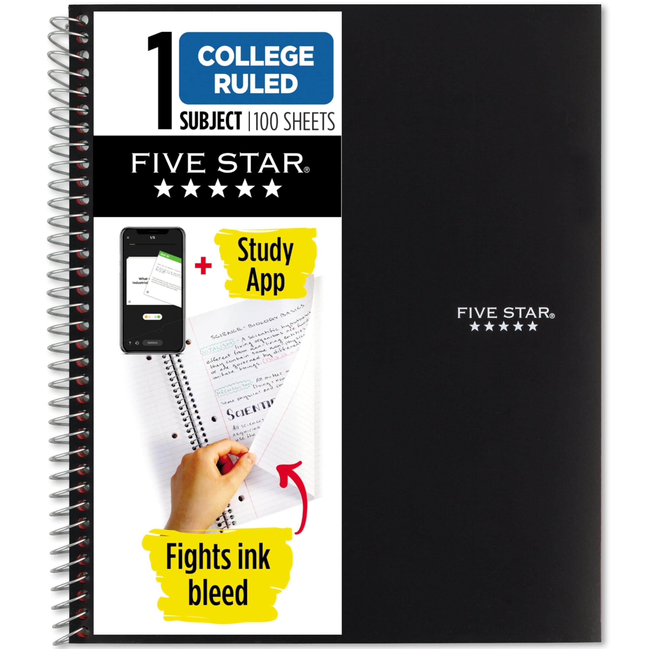 Spiral Notebook Plus Study App, 1 Subject, College Ruled Paper, 100 Sheets, 8-1/2" x 11", School, Black (72057)