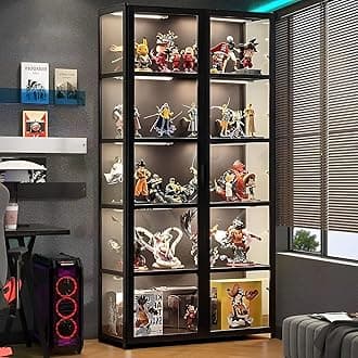 Curio Display Cabinet, 5-Tier Display Case with Acrylic Doors, Collectibles Toy Organizers Rack & Display Shelf, Kids Bookcase for Living Room, Office, Playroom, Home, Bamboo (Black Folio)