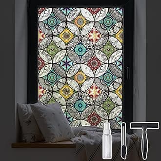 DKTIE Peacock Blue Vinyl Window Sticker Decal - Boho Chic Privacy Film, 35.4 x 118.1 Inch, Soften Light, Reduce UV Rays, Reusable