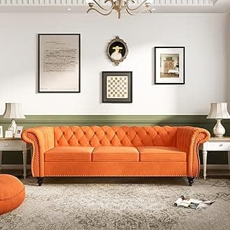 Chesterfield Sofa Velvet, Modern Tufted Couch 3 Seater with Rolled Arms and Nailhead for Living Room, Bedroom, Office, Apartment (Orange)
