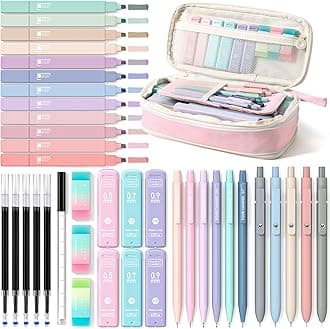39 PCS Aesthetic School Supplies with Cute Pen Case, 12 Pastel Highlighters, 5 Black Ink Gel Pens, 6 Mechanical Pencils Set for Students Stationary College Essentials (Pink)