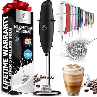 Zulay Kitchen Tornado Whisk Milk Frother Handheld - Coffee Frother Wand With Stand - Triple Whisk Hand Held Mixer - Electric Stirrer Frothing Wand for Latte, Matcha, Protein Powder - Black Exec