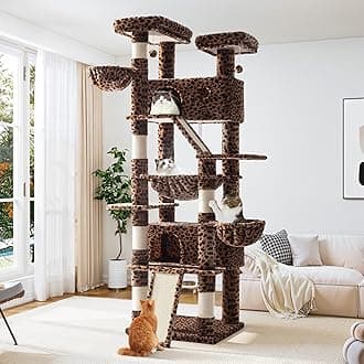 Allewie 81 Inches Tall Cat Tree/Multi-Level Large Climbing Tree House and Towers for Big Feline/Condo and Hammock/Scratching Post/Wide Base/Leopard Print