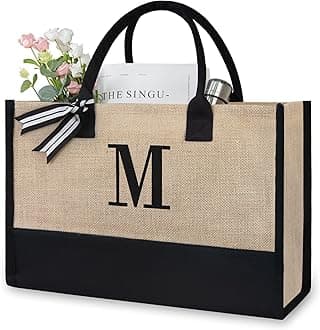 TOPDesign Initial Jute/Canvas Tote Bag, Personalized Present Bag, Suitable for Wedding, Birthday, Beach, Holiday, is a Great Gift for Women, Mom, Teachers, Friends, Bridesmaids (Letter M)