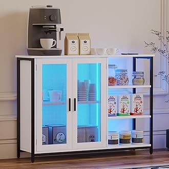 LVSOMT LED Farmhouse Coffee Bar Cabinet, Wine Cabinets with Removable Wine Rack, Buffet Cabinet with Motion Sensor for Kitchen, Dining Room (Pure White-43.3''L)