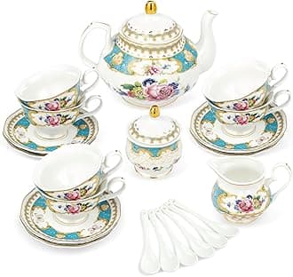 21 Piece Vintage Blue Porcelain Tea Set Ceramic Coffee Set Flowers Wedding Table Service for Adults