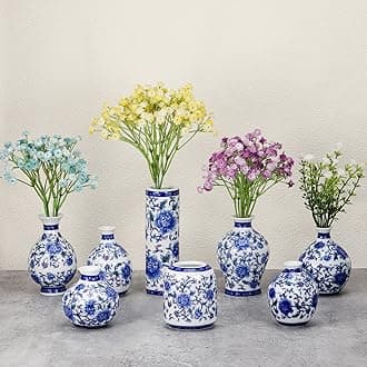 8-Piece Porcelain Vase Set - Blue and White Ceramic Mini Chinoiserie Vintage Flower Vases for Home Decor