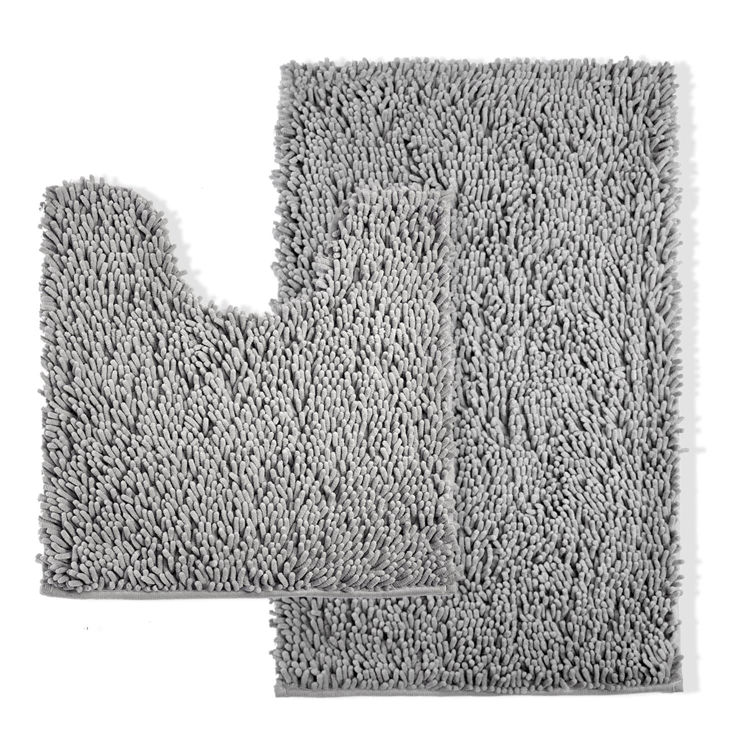 Microfiber Non Slip Bathroom Bath Rugs Mat Set 2 Piece with Contour Toilet Mat Light Gray